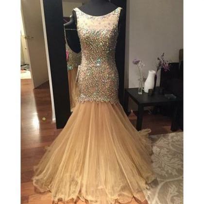 Golden Slim Long Prom Dress,sexy Mermaid Beading..
