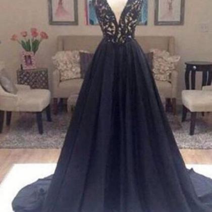 Black Long Prom Dresses, A-line V-neck Lace Prom..