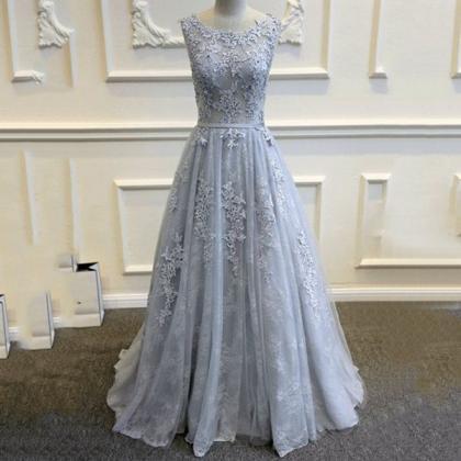 Custom Made Gray Lace Long Prom Dress,evening..
