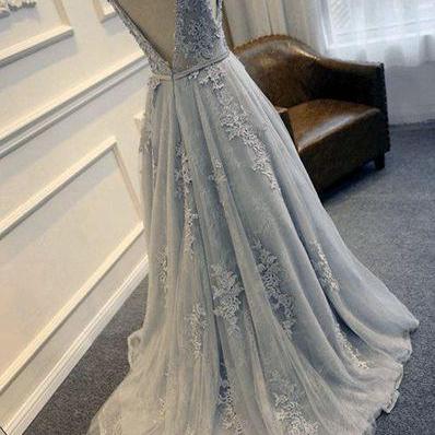 Custom Made Gray Lace Long Prom Dress,evening..
