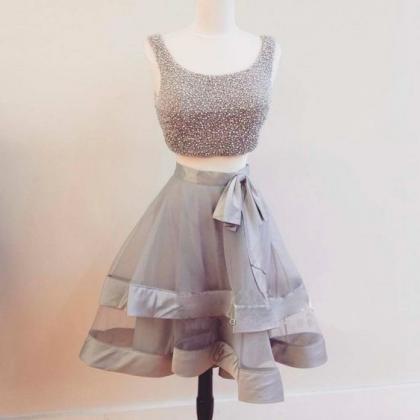 Cute Gray 2 Pieces Short Prom Dress,a-line Tulle..