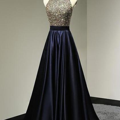 Dark Blue Beading Sequins Long Prom Dress,blue..