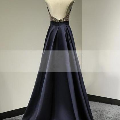 Dark Blue Beading Sequins Long Prom Dress,blue..