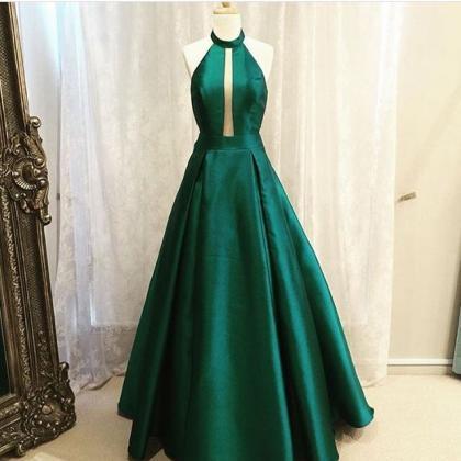 Green Halter Plunging A-line Floor-length Prom..