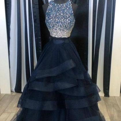 Custom Made Dark Blue Two Pieces Sequins Long Prom..
