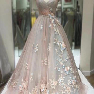 elegant tulle applique long prom dress formal dress