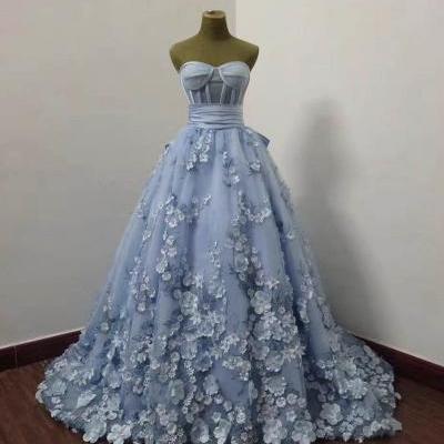 Blue tulle applique long prom dress formal dress