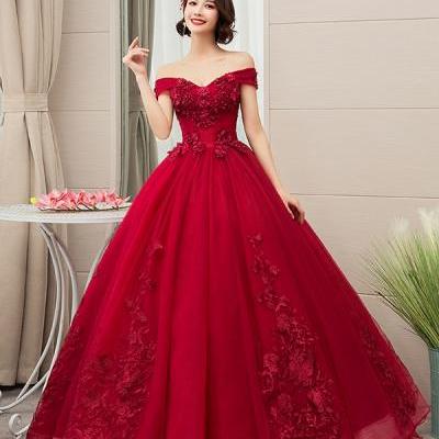 Burgundy tulle lace long ball gown dress formal dress