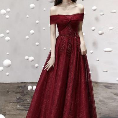 Burgundy tulle sequins long prom dress evening dress