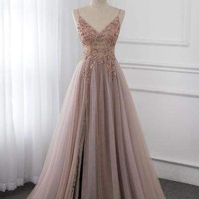 Sweet dusky pink crystal prom dresses long straps spaghetti