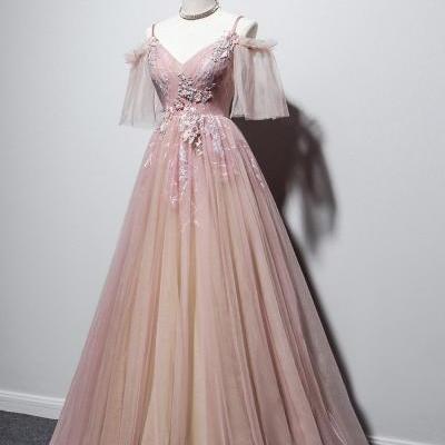 Pink v neck tulle long prom dress pink evening dress