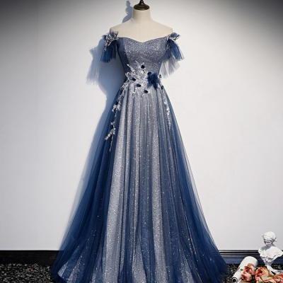 Blue tulle sequins long prom dress blue evening dress