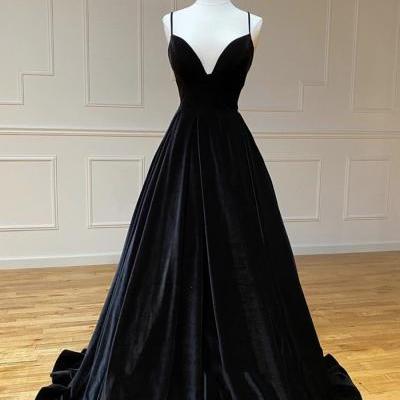 Black v neck long prom dress black velvet evening dress