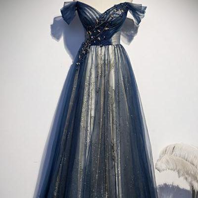 Blue tulle long prom dress off shoulder evening dress