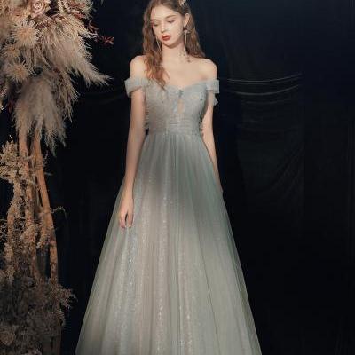 Shiny tulle sequins long prom dress green evening dress