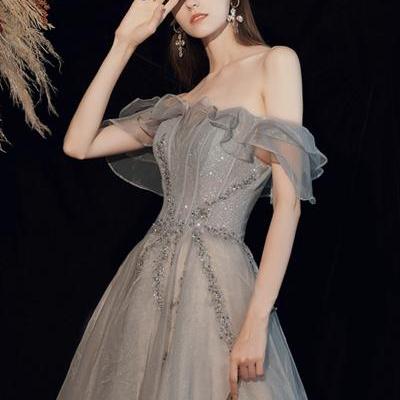 Shiny tulle sequins long A line prom dress evening dress