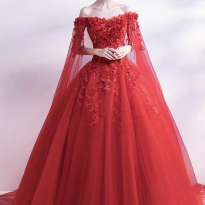 Red lace long A line prom dress red evening dress