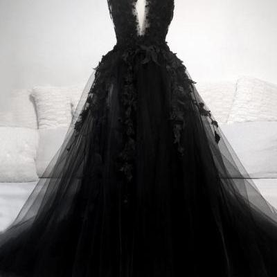 Black v neck lace long prom dress A line evening dress