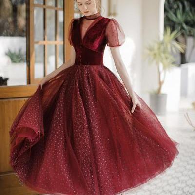 Elegant A line short prom dress burgundy evening dress