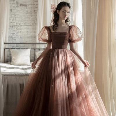 Cute tulle long A line prom dress evening dress