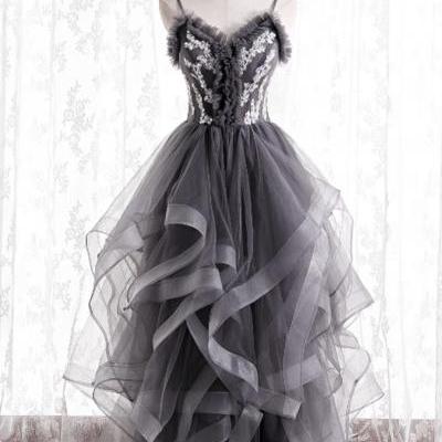 Gray tulle lace long ball gown dress formal dress