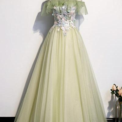 Green tulle lace long A line prom dress evening dress