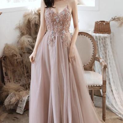 Cute v neck tulle long A line prom dress evening dress