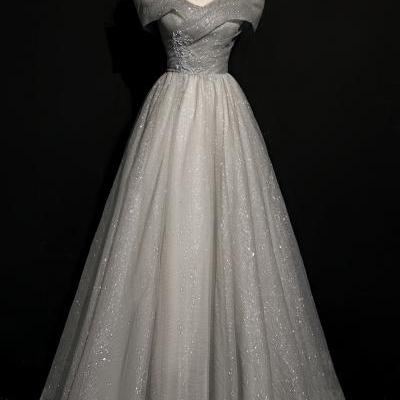 Gray tulle sequins long A line prom dress evening dress