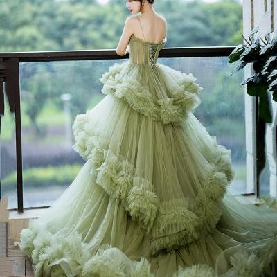 Green tulle long A line prom dress green evening dress