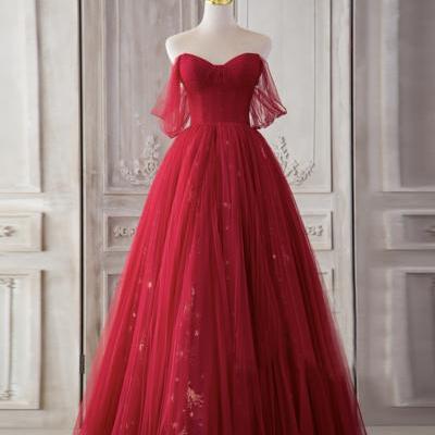 Red tulle long A line prom dress red evening dress