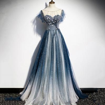 Blue tulle long A line prom dress blue evening dress
