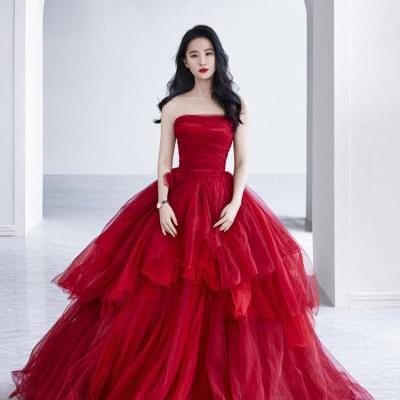 Red tulle long A line ball gown dress red evening dress