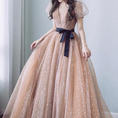 Cute tulle long A line prom dress evening dress