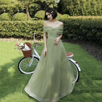 Green tulle long A line prom dress bridesmaid dress