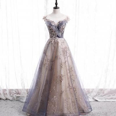 Cute tulle sequins long prom dress evening dress