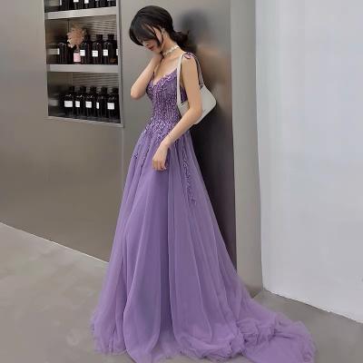 Purple lace long prom dress A lin evening gown