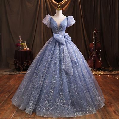Blue tulle long prom dress A line evening gown