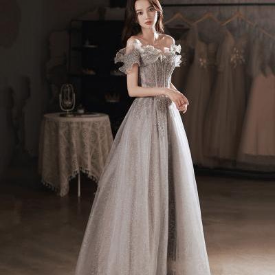 Gray tulle sequins long prom dress A line evening dress