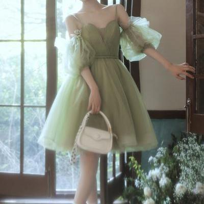 Green tulle short A line prom dress homecoming dress