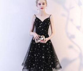 Unique design black tulle short prom dress c2960