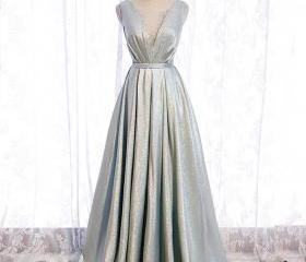 A Line V Neck Satin Prom Dress with Leg Slit  LBQ0701