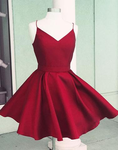 Simple V Neck Red Satin Short Prom Dress, Red Homecoming Dress