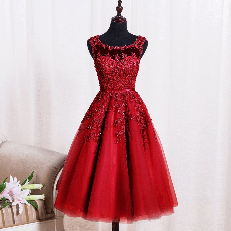 Cute Burgundy Lace Short Prom Dress, Lace Homecoming Dress