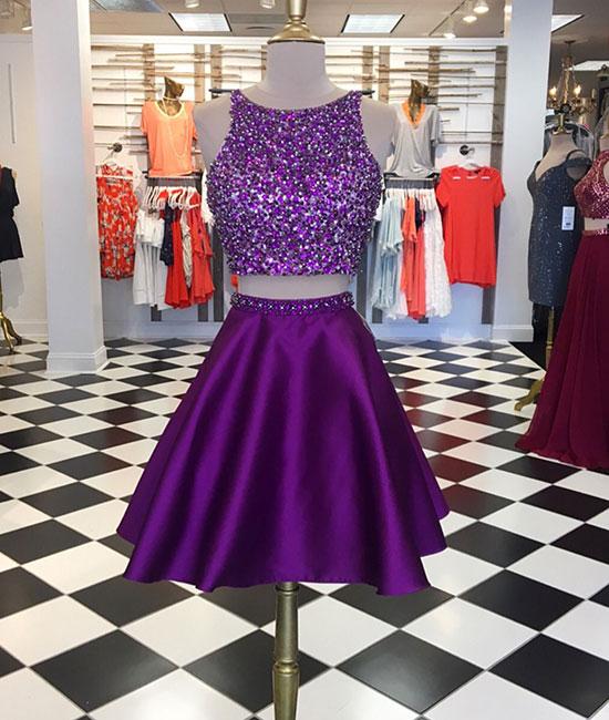 Purple Two Pieces A-line Short Prom Dress, Purple Homecoming Dress