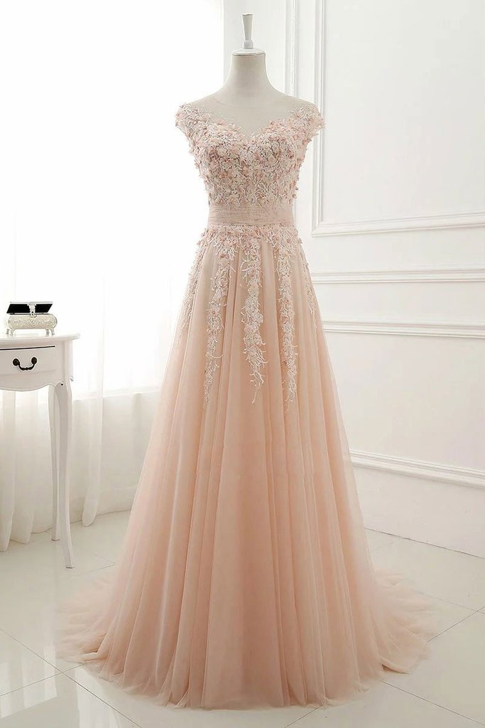 Light Pink Tulle Lace Long Prom Dress, Lace Evening Dress, Tulle Ball Gown