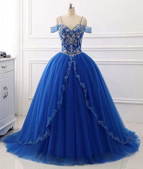 Blue Sweetheart Beads Sequin Long Prom Dress, Blue Evening Dress