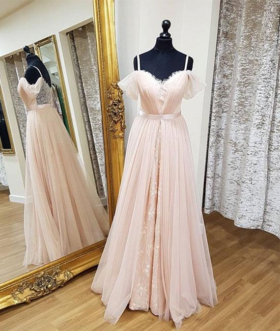 Simple Pink Sweetheart Neck Tulle Long Prom Dress, Pink Evening Dress