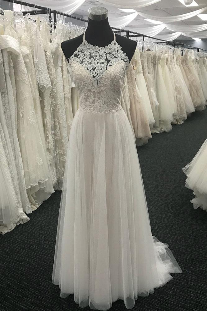 Simple White A-line Lace Chiffon Long Prom Dress, White Lace Wedding Dress