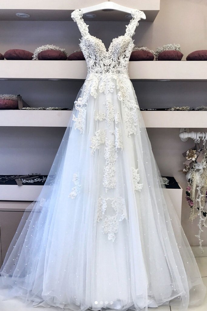 White V Neck Lace Tulle Long Prom Dress, White Evening Dress
