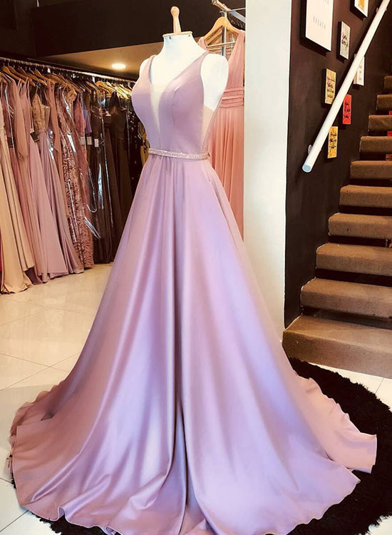Simple Pink V Neck Long Prom Dress, Pink Evening Dress